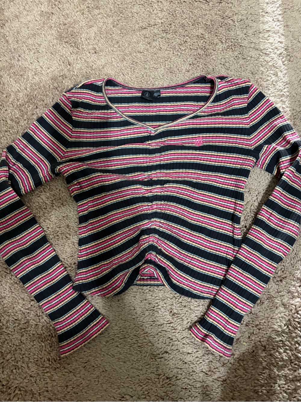 Volcom Girls L Striped V-Neck Ribbed Top - Pink & Black (452)